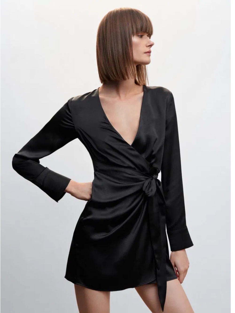 Mango Black Satin Wrap Dress